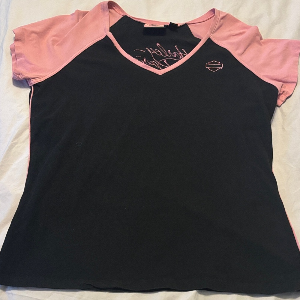 Harley-Davidson Women's Pink and Black V-Neck Tee